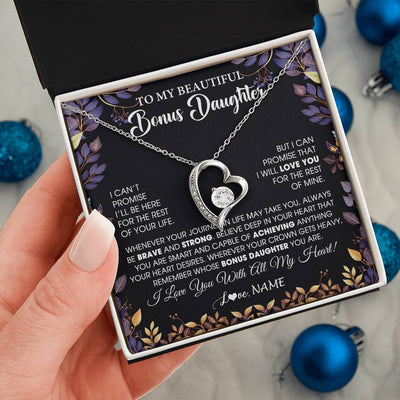 Forever Love Necklace 14K White Gold Finish | 2 | Personalized To My Beautiful Bonus Daughter Necklace From Stepmom Stepdad Promise Necklace Birthday Gift For Stepddaughter Graduation Christmas Message Card | teecentury