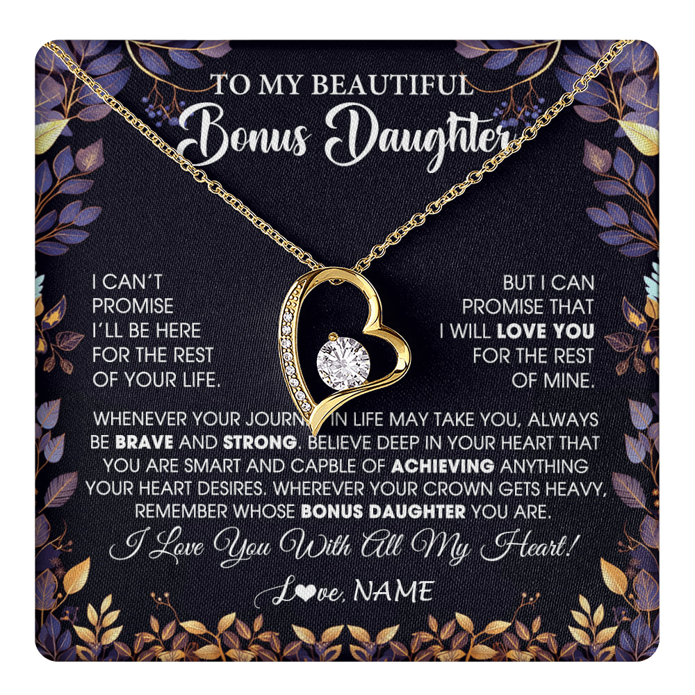 Forever Love Necklace 18K Yellow Gold Finish | 1 | Personalized To My Beautiful Bonus Daughter Necklace From Stepmom Stepdad Promise Necklace Birthday Gift For Stepddaughter Graduation Christmas Message Card | teecentury