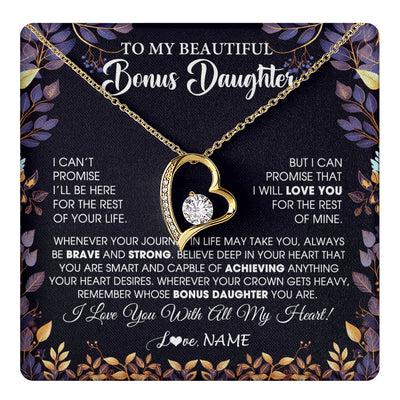 Forever Love Necklace 18K Yellow Gold Finish | 1 | Personalized To My Beautiful Bonus Daughter Necklace From Stepmom Stepdad Promise Necklace Birthday Gift For Stepddaughter Graduation Christmas Message Card | teecentury