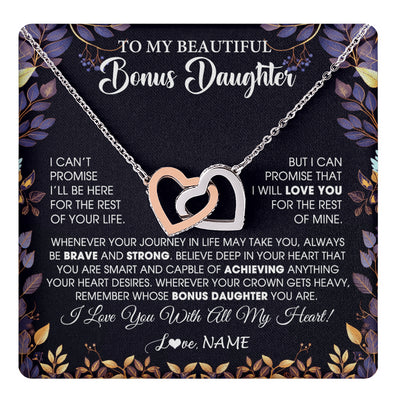 Interlocking Hearts Necklace Stainless Steel & Rose Gold Finish | 1 | Personalized To My Beautiful Bonus Daughter Necklace From Stepmom Stepdad Promise Necklace Birthday Gift For Stepddaughter Graduation Christmas Message Card | teecentury