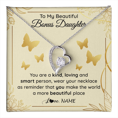 Forever Love Necklace 14K White Gold Finish | 1 | Personalized To My Beautiful Bonus Daughter Necklace From Stepmom You Are A Kind Loving Stepddaughter Birthday Gifts Christmas Customized Gift Box Message Card | teecentury