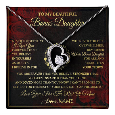 Forever Love Necklace 14K White Gold Finish | 1 | Personalized To My Beautiful Bonus Daughter Necklace Gift From Stepmom Dad I Love You Bonus Daughter Birthday Gifts Christmas Customized Gift Box Message Card | teecentury
