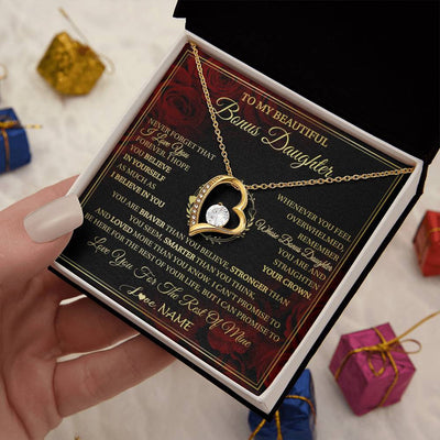 Forever Love Necklace 18K Yellow Gold Finish | 2 | Personalized To My Beautiful Bonus Daughter Necklace Gift From Stepmom Dad I Love You Bonus Daughter Birthday Gifts Christmas Customized Gift Box Message Card | teecentury