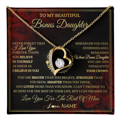 Forever Love Necklace 18K Yellow Gold Finish | 1 | Personalized To My Beautiful Bonus Daughter Necklace Gift From Stepmom Dad I Love You Bonus Daughter Birthday Gifts Christmas Customized Gift Box Message Card | teecentury