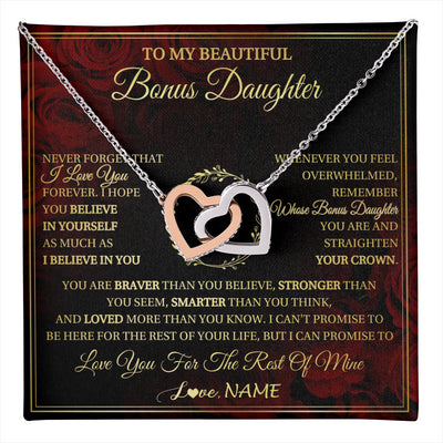 Interlocking Hearts Necklace Stainless Steel & Rose Gold Finish | 1 | Personalized To My Beautiful Bonus Daughter Necklace Gift From Stepmom Dad I Love You Bonus Daughter Birthday Gifts Christmas Customized Gift Box Message Card | teecentury