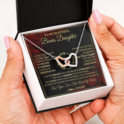 Interlocking Hearts Necklace Stainless Steel & Rose Gold Finish | 2 | Personalized To My Beautiful Bonus Daughter Necklace Gift From Stepmom Dad I Love You Bonus Daughter Birthday Gifts Christmas Customized Gift Box Message Card | teecentury