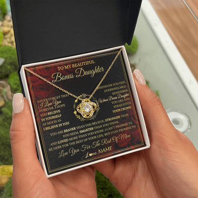 Love Knot Necklace 18K Yellow Gold Finish | 2 | Personalized To My Beautiful Bonus Daughter Necklace Gift From Stepmom Dad I Love You Bonus Daughter Birthday Gifts Christmas Customized Gift Box Message Card | teecentury