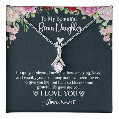 Alluring Beauty Necklace 14K White Gold Finish | 1 | Personalized To My Beautiful Bonus Daughter Necklace I Love You Birthday Gifts Unbiological Daughter Stepdaughter Christmas Customized Gift Box Message Card | teecentury