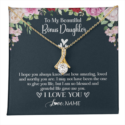 Alluring Beauty Necklace 18K Yellow Gold Finish | 1 | Personalized To My Beautiful Bonus Daughter Necklace I Love You Birthday Gifts Unbiological Daughter Stepdaughter Christmas Customized Gift Box Message Card | teecentury