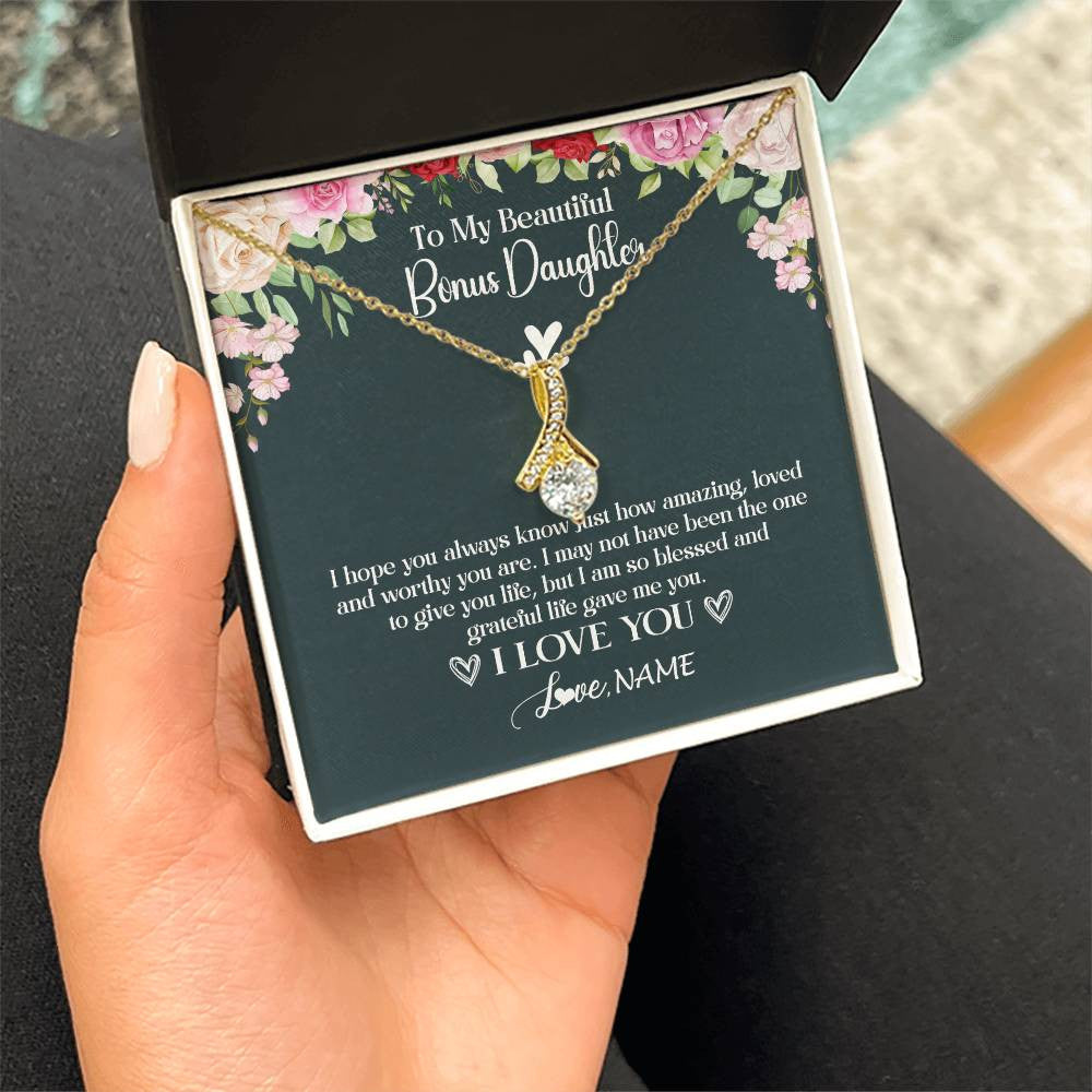 Alluring Beauty Necklace 18K Yellow Gold Finish | 2 | Personalized To My Beautiful Bonus Daughter Necklace I Love You Birthday Gifts Unbiological Daughter Stepdaughter Christmas Customized Gift Box Message Card | teecentury