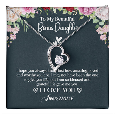 Forever Love Necklace 14K White Gold Finish | 1 | Personalized To My Beautiful Bonus Daughter Necklace I Love You Birthday Gifts Unbiological Daughter Stepdaughter Christmas Customized Gift Box Message Card | teecentury