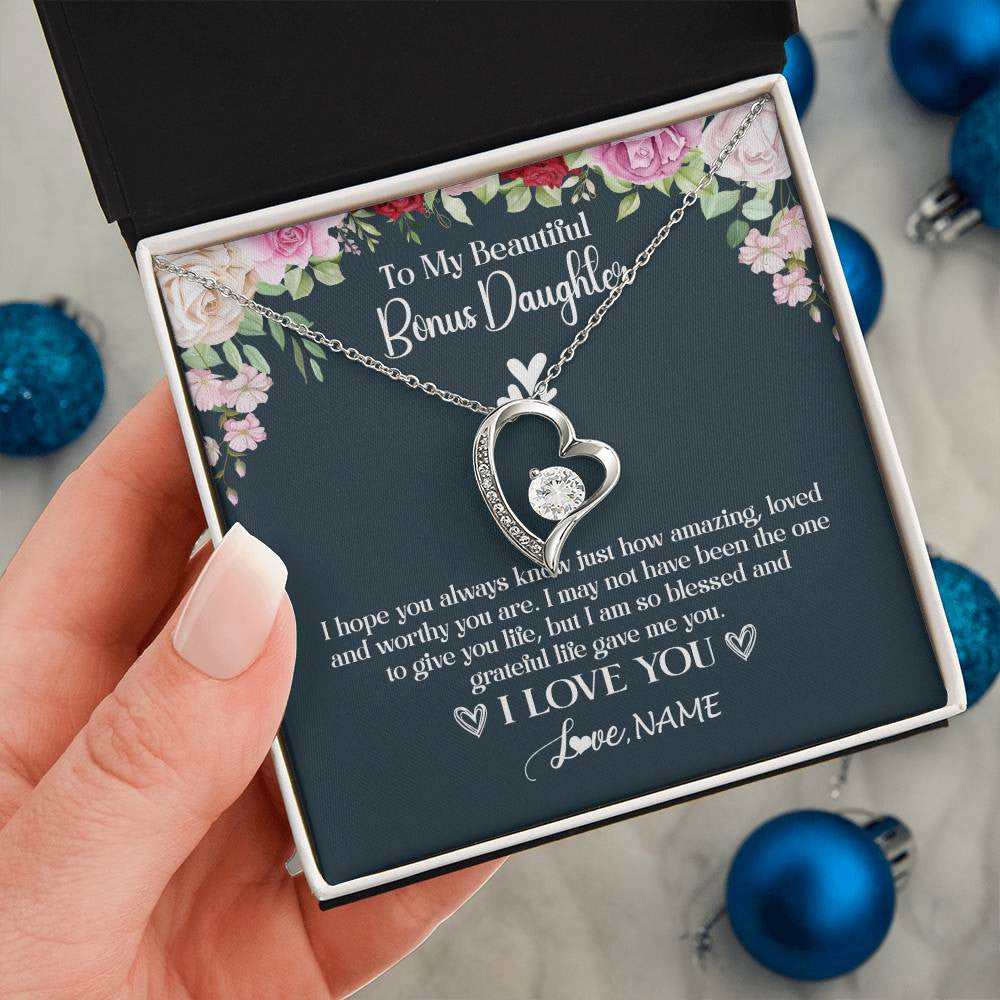 Forever Love Necklace 14K White Gold Finish | 2 | Personalized To My Beautiful Bonus Daughter Necklace I Love You Birthday Gifts Unbiological Daughter Stepdaughter Christmas Customized Gift Box Message Card | teecentury