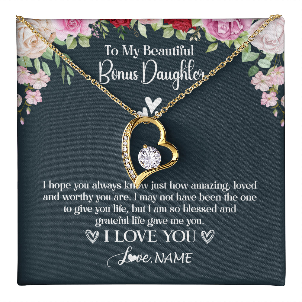 Forever Love Necklace 18K Yellow Gold Finish | 1 | Personalized To My Beautiful Bonus Daughter Necklace I Love You Birthday Gifts Unbiological Daughter Stepdaughter Christmas Customized Gift Box Message Card | teecentury