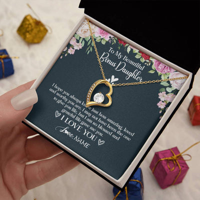 Forever Love Necklace 18K Yellow Gold Finish | 2 | Personalized To My Beautiful Bonus Daughter Necklace I Love You Birthday Gifts Unbiological Daughter Stepdaughter Christmas Customized Gift Box Message Card | teecentury