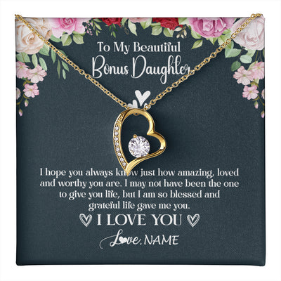 Forever Love Necklace 18K Yellow Gold Finish | 1 | Personalized To My Beautiful Bonus Daughter Necklace I Love You Birthday Gifts Unbiological Daughter Stepdaughter Christmas Customized Gift Box Message Card | teecentury