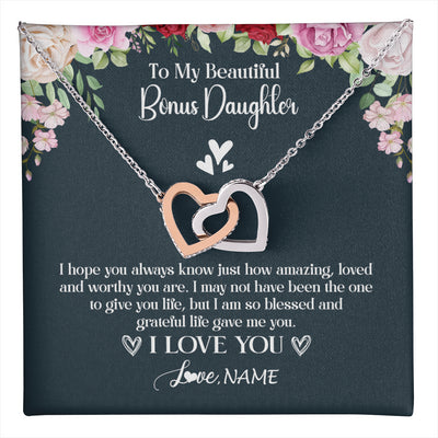 Interlocking Hearts Necklace Stainless Steel & Rose Gold Finish | 1 | Personalized To My Beautiful Bonus Daughter Necklace I Love You Birthday Gifts Unbiological Daughter Stepdaughter Christmas Customized Gift Box Message Card | teecentury