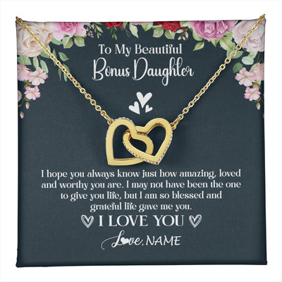 Interlocking Hearts Necklace 18K Yellow Gold Finish | 1 | Personalized To My Beautiful Bonus Daughter Necklace I Love You Birthday Gifts Unbiological Daughter Stepdaughter Christmas Customized Gift Box Message Card | teecentury