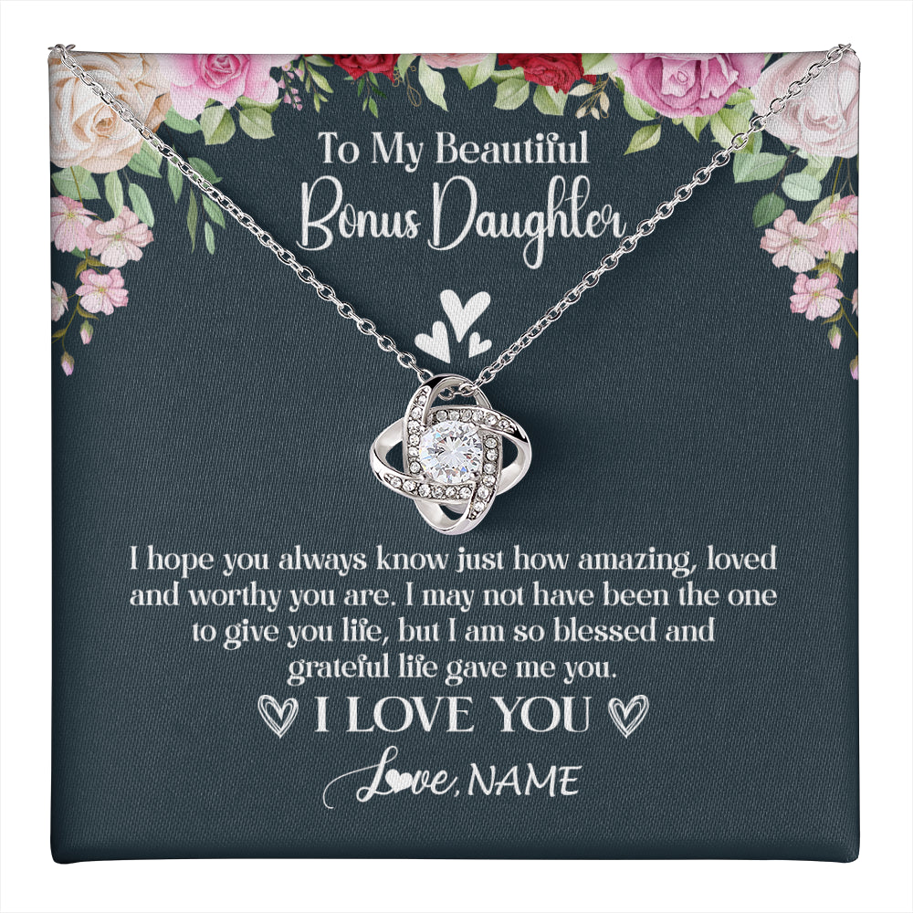 Love Knot Necklace 14K White Gold Finish | 1 | Personalized To My Beautiful Bonus Daughter Necklace I Love You Birthday Gifts Unbiological Daughter Stepdaughter Christmas Customized Gift Box Message Card | teecentury