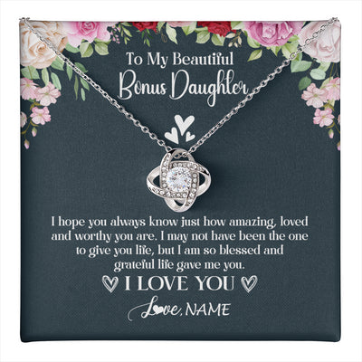 Love Knot Necklace 14K White Gold Finish | 1 | Personalized To My Beautiful Bonus Daughter Necklace I Love You Birthday Gifts Unbiological Daughter Stepdaughter Christmas Customized Gift Box Message Card | teecentury
