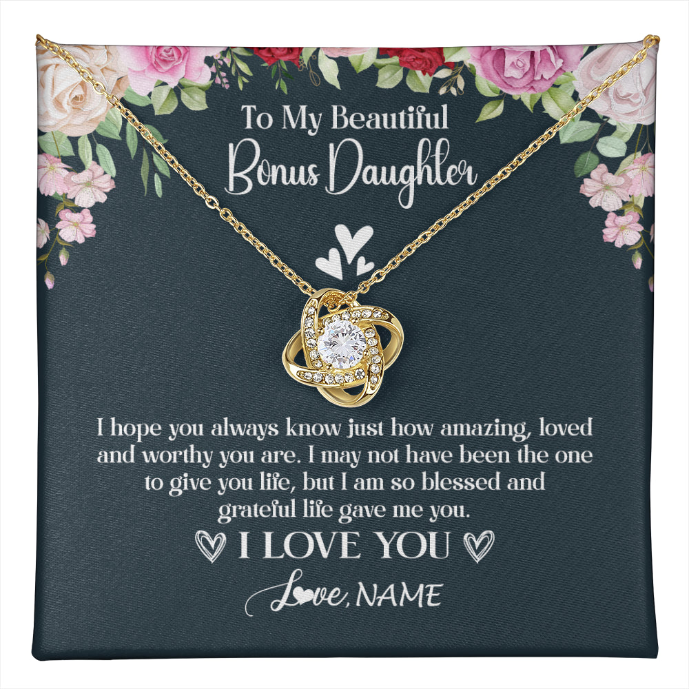 Love Knot Necklace 18K Yellow Gold Finish | 1 | Personalized To My Beautiful Bonus Daughter Necklace I Love You Birthday Gifts Unbiological Daughter Stepdaughter Christmas Customized Gift Box Message Card | teecentury