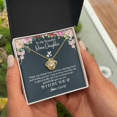 Love Knot Necklace 18K Yellow Gold Finish | 2 | Personalized To My Beautiful Bonus Daughter Necklace I Love You Birthday Gifts Unbiological Daughter Stepdaughter Christmas Customized Gift Box Message Card | teecentury