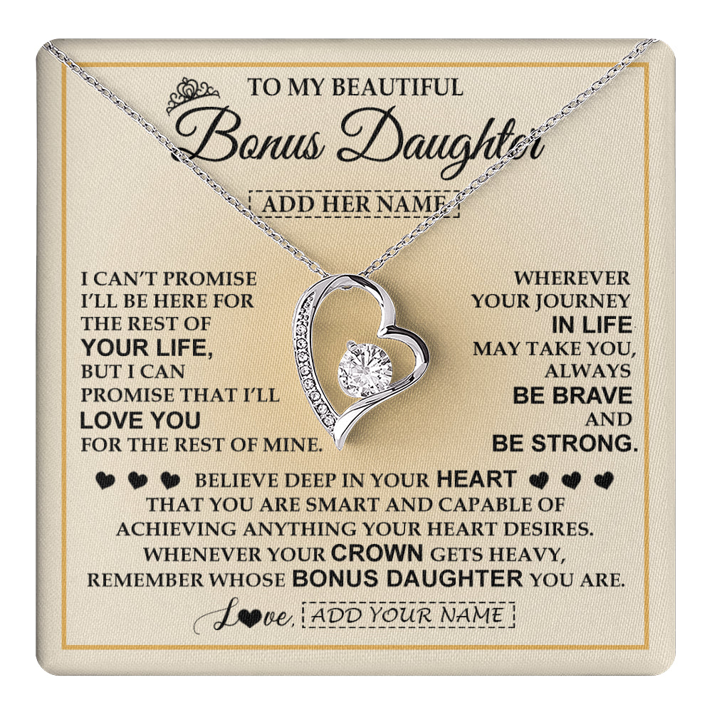 Forever Love Necklace 14K White Gold Finish | 1 | Personalized To My Beautiful Bonus Daughter Necklace Jewelry Present For Women Stepddaughter Birthday Mother's Day Wedding Day Christmas Gift Box Message Card | teecentury