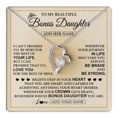 Forever Love Necklace 14K White Gold Finish | 1 | Personalized To My Beautiful Bonus Daughter Necklace Jewelry Present For Women Stepddaughter Birthday Mother's Day Wedding Day Christmas Gift Box Message Card | teecentury