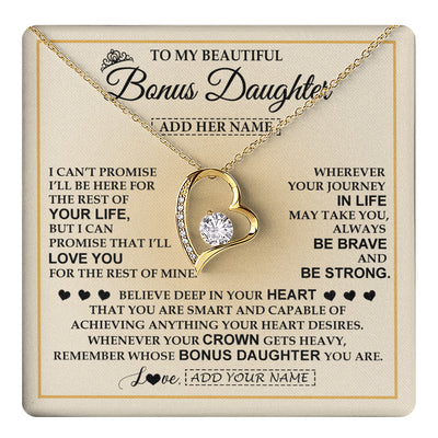 Forever Love Necklace 18K Yellow Gold Finish | 1 | Personalized To My Beautiful Bonus Daughter Necklace Jewelry Present For Women Stepddaughter Birthday Mother's Day Wedding Day Christmas Gift Box Message Card | teecentury