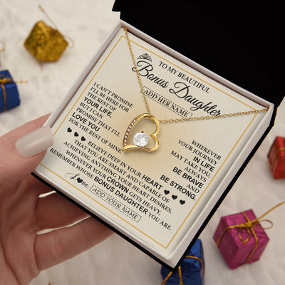 Forever Love Necklace 18K Yellow Gold Finish | 2 | Personalized To My Beautiful Bonus Daughter Necklace Jewelry Present For Women Stepddaughter Birthday Mother's Day Wedding Day Christmas Gift Box Message Card | teecentury