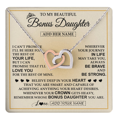 Interlocking Hearts Necklace Stainless Steel & Rose Gold Finish | 1 | Personalized To My Beautiful Bonus Daughter Necklace Jewelry Present For Women Stepddaughter Birthday Mother's Day Wedding Day Christmas Gift Box Message Card | teecentury
