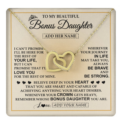 Interlocking Hearts Necklace 18K Yellow Gold Finish | 1 | Personalized To My Beautiful Bonus Daughter Necklace Jewelry Present For Women Stepddaughter Birthday Mother's Day Wedding Day Christmas Gift Box Message Card | teecentury