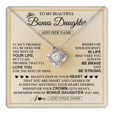 Love Knot Necklace 14K White Gold Finish | 1 | Personalized To My Beautiful Bonus Daughter Necklace Jewelry Present For Women Stepddaughter Birthday Mother's Day Wedding Day Christmas Gift Box Message Card | teecentury