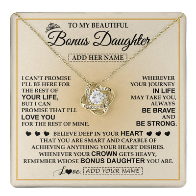 Love Knot Necklace 18K Yellow Gold Finish | 1 | Personalized To My Beautiful Bonus Daughter Necklace Jewelry Present For Women Stepddaughter Birthday Mother's Day Wedding Day Christmas Gift Box Message Card | teecentury