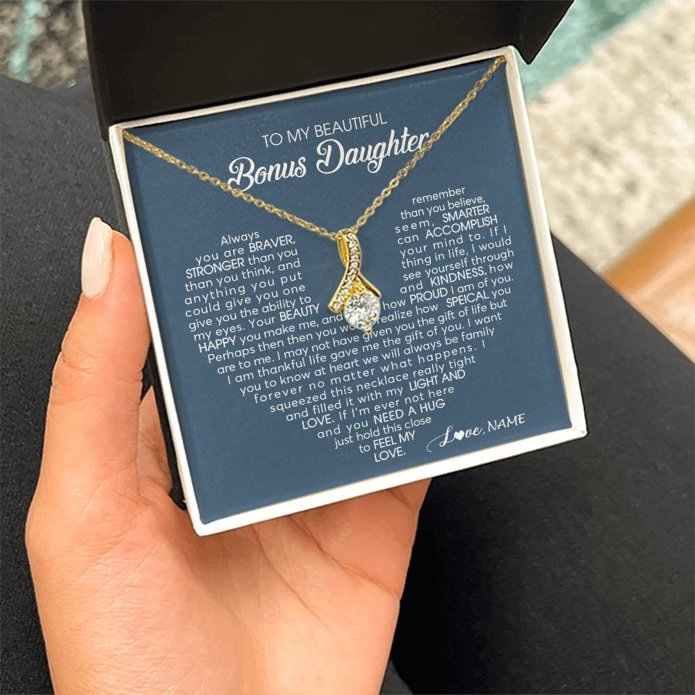 Alluring Beauty Necklace 18K Yellow Gold Finish | Personalized To My Beautiful Bonus Daughter Necklace Need A Hug Just Hold This Stepdaughter Pendant Jewelry Birthday Christmas Customized Gift Box Message Card | teecentury