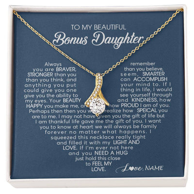Alluring Beauty Necklace 18K Yellow Gold Finish | Personalized To My Beautiful Bonus Daughter Necklace Need A Hug Just Hold This Stepdaughter Pendant Jewelry Birthday Christmas Customized Gift Box Message Card | teecentury