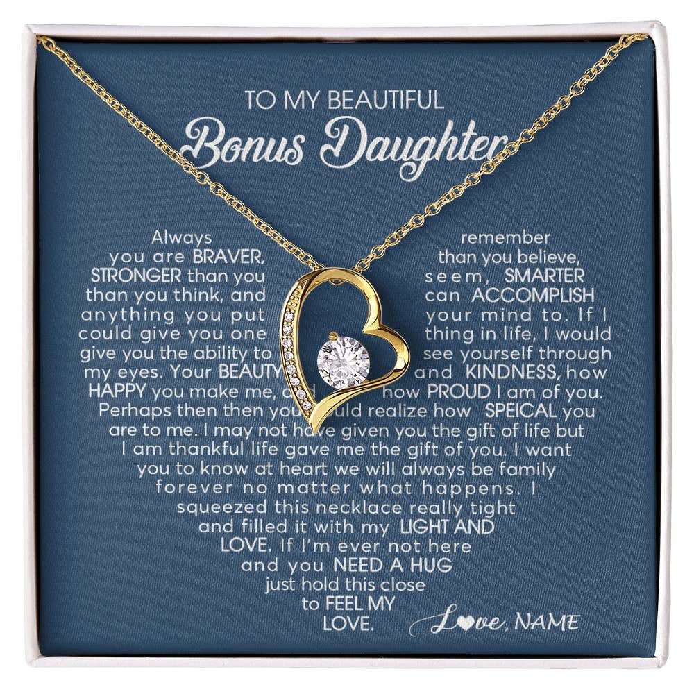 Forever Love Necklace 18K Yellow Gold Finish | Personalized To My Beautiful Bonus Daughter Necklace Need A Hug Just Hold This Stepdaughter Pendant Jewelry Birthday Christmas Customized Gift Box Message Card | teecentury