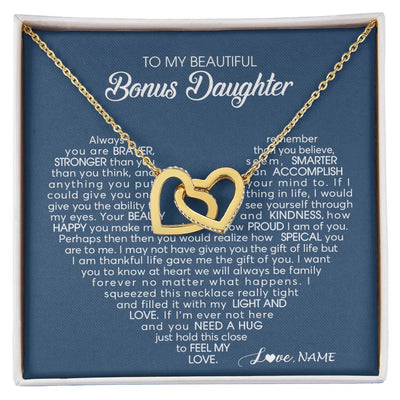 Interlocking Hearts Necklace 18K Yellow Gold Finish | Personalized To My Beautiful Bonus Daughter Necklace Need A Hug Just Hold This Stepdaughter Pendant Jewelry Birthday Christmas Customized Gift Box Message Card | teecentury