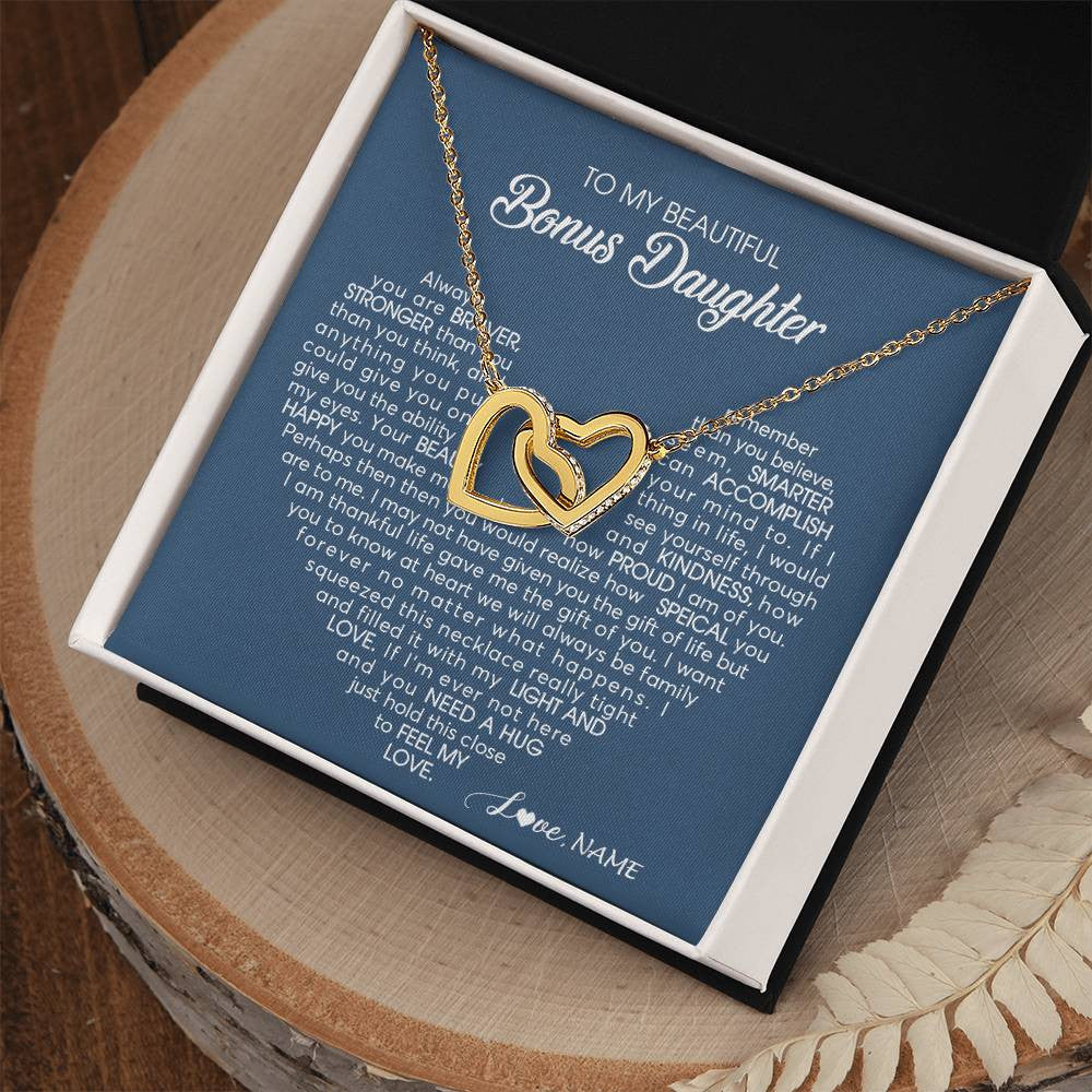 Interlocking Hearts Necklace 18K Yellow Gold Finish | Personalized To My Beautiful Bonus Daughter Necklace Need A Hug Just Hold This Stepdaughter Pendant Jewelry Birthday Christmas Customized Gift Box Message Card | teecentury