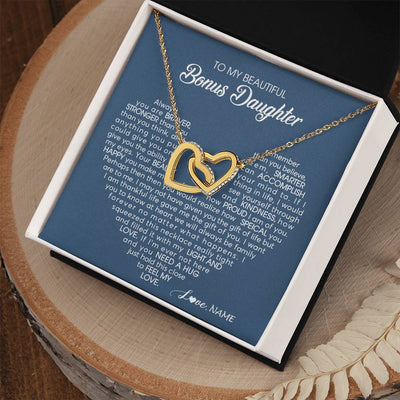 Interlocking Hearts Necklace 18K Yellow Gold Finish | Personalized To My Beautiful Bonus Daughter Necklace Need A Hug Just Hold This Stepdaughter Pendant Jewelry Birthday Christmas Customized Gift Box Message Card | teecentury