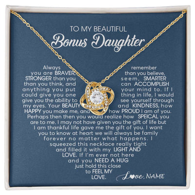 Love Knot Necklace 18K Yellow Gold Finish | Personalized To My Beautiful Bonus Daughter Necklace Need A Hug Just Hold This Stepdaughter Pendant Jewelry Birthday Christmas Customized Gift Box Message Card | teecentury