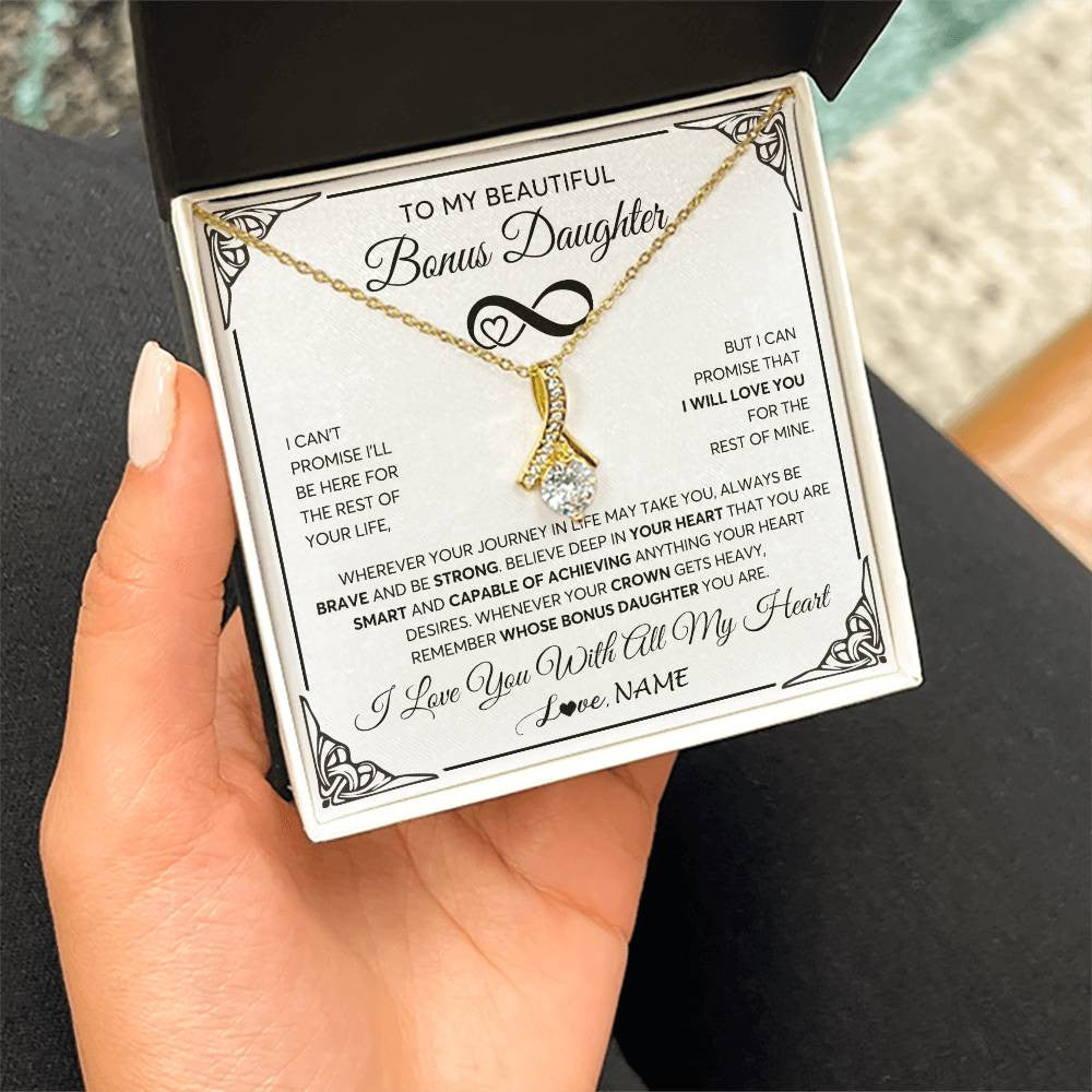 Alluring Beauty Necklace 18K Yellow Gold Finish | 2 | Personalized To My Beautiful Bonus Daughter Necklace Women Girls From Stepdad Mom Love You Stepddaughter Birthday Christmas Customized Gift Box Message Card | teecentury