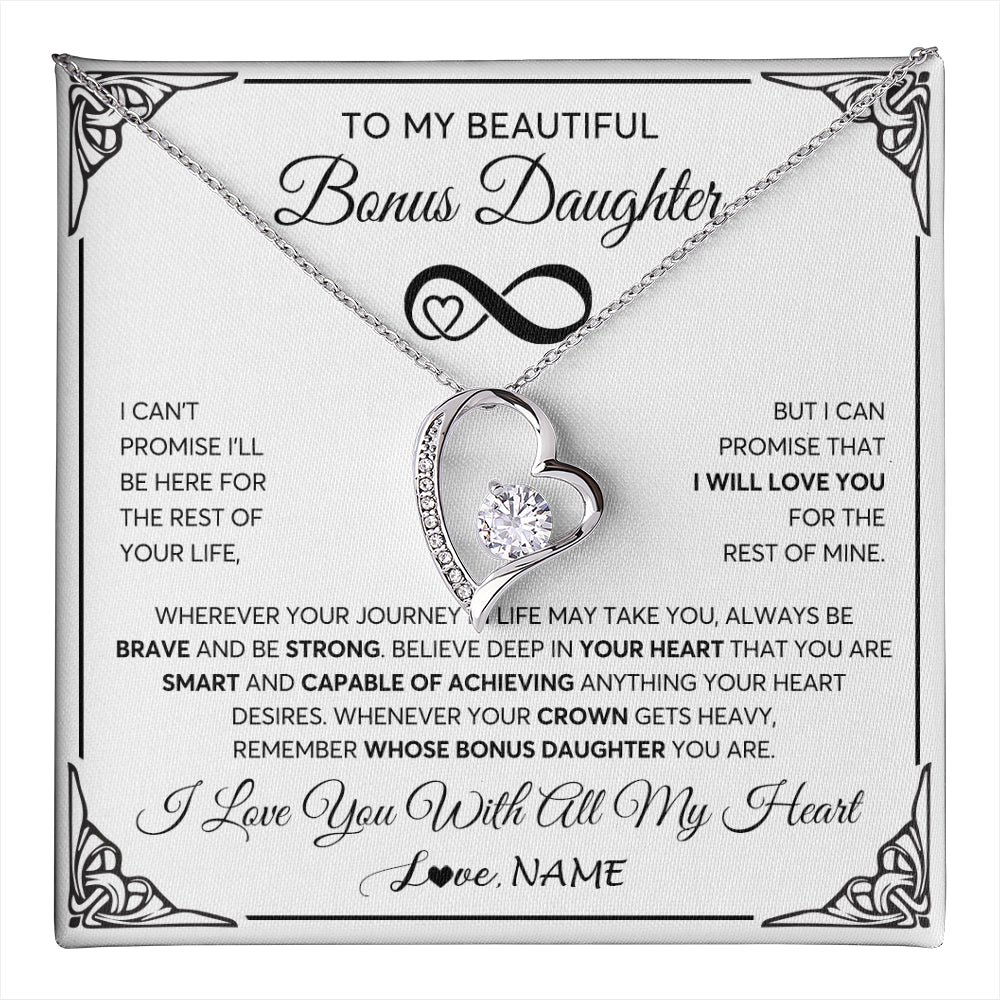 Forever Love Necklace 14K White Gold Finish | 1 | Personalized To My Beautiful Bonus Daughter Necklace Women Girls From Stepdad Mom Love You Stepddaughter Birthday Christmas Customized Gift Box Message Card | teecentury