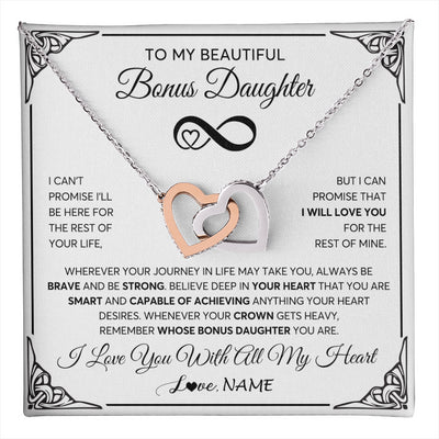 Interlocking Hearts Necklace Stainless Steel & Rose Gold Finish | 1 | Personalized To My Beautiful Bonus Daughter Necklace Women Girls From Stepdad Mom Love You Stepddaughter Birthday Christmas Customized Gift Box Message Card | teecentury