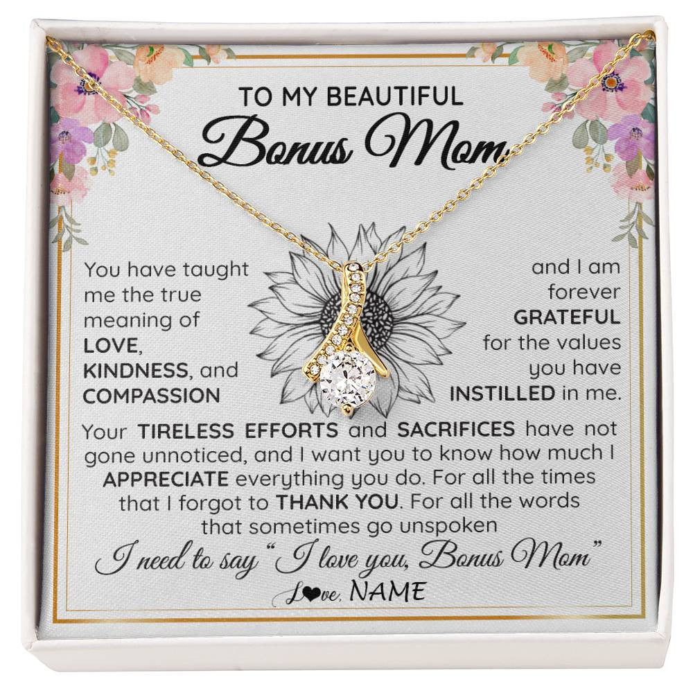 Alluring Beauty Necklace 18K Yellow Gold Finish | Personalized To My Beautiful Bonus Mom From Step Daughter Son Necklace Say I Love You Stepmom Birthday Mothers Day Christmas Customized Gift Box Message Card | teecentury