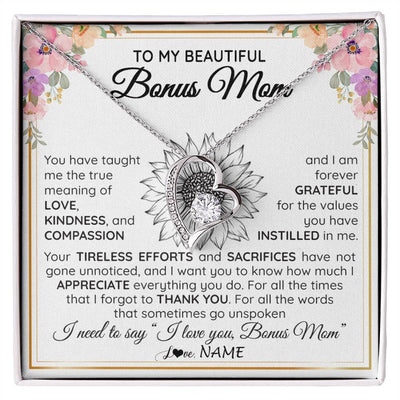 Forever Love Necklace 14K White Gold Finish | Personalized To My Beautiful Bonus Mom From Step Daughter Son Necklace Say I Love You Stepmom Birthday Mothers Day Christmas Customized Gift Box Message Card | teecentury