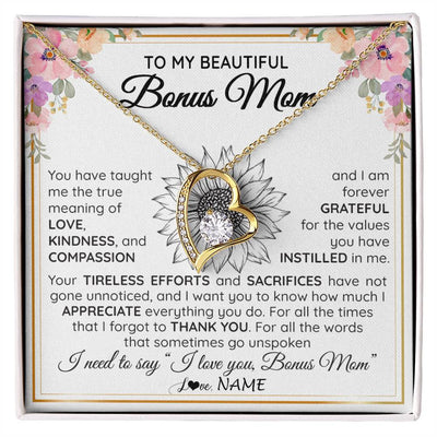 Forever Love Necklace 18K Yellow Gold Finish | Personalized To My Beautiful Bonus Mom From Step Daughter Son Necklace Say I Love You Stepmom Birthday Mothers Day Christmas Customized Gift Box Message Card | teecentury