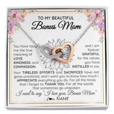 Interlocking Hearts Necklace Stainless Steel & Rose Gold Finish | Personalized To My Beautiful Bonus Mom From Step Daughter Son Necklace Say I Love You Stepmom Birthday Mothers Day Christmas Customized Gift Box Message Card | teecentury