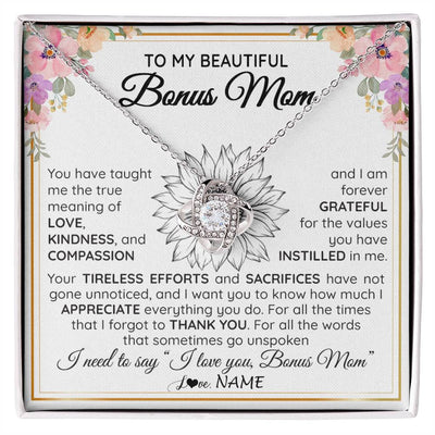 Love Knot Necklace 14K White Gold Finish | Personalized To My Beautiful Bonus Mom From Step Daughter Son Necklace Say I Love You Stepmom Birthday Mothers Day Christmas Customized Gift Box Message Card | teecentury