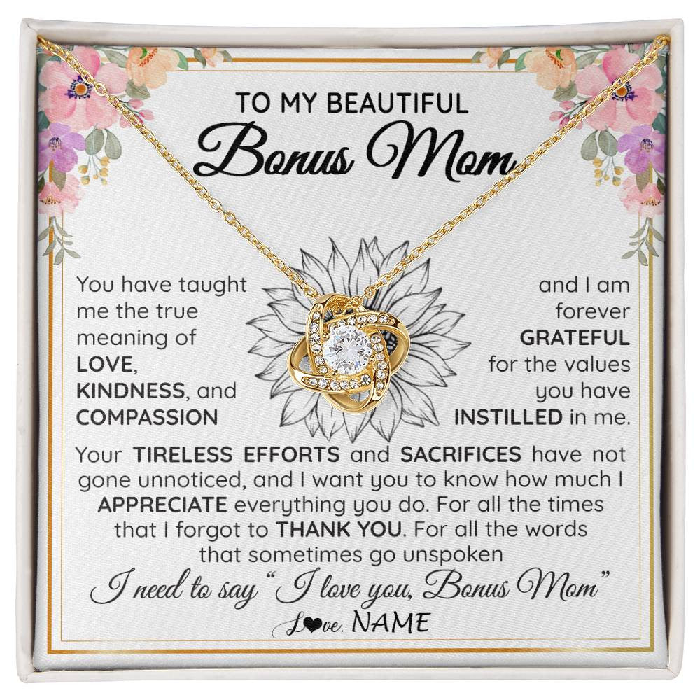 Love Knot Necklace 18K Yellow Gold Finish | Personalized To My Beautiful Bonus Mom From Step Daughter Son Necklace Say I Love You Stepmom Birthday Mothers Day Christmas Customized Gift Box Message Card | teecentury