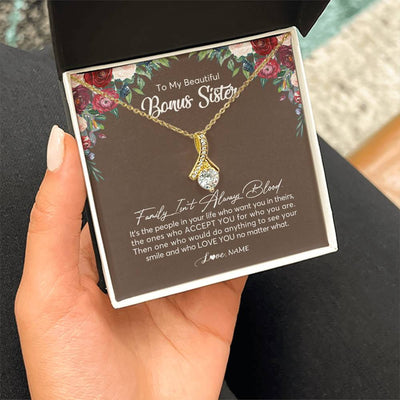 Alluring Beauty Necklace 18K Yellow Gold Finish | Personalized To My Beautiful Bonus Sister Necklace Family Itn't Always Blood Sister In Law Jewelry Birthday Wedding Christmas Customized Gift Box Message Card | teecentury